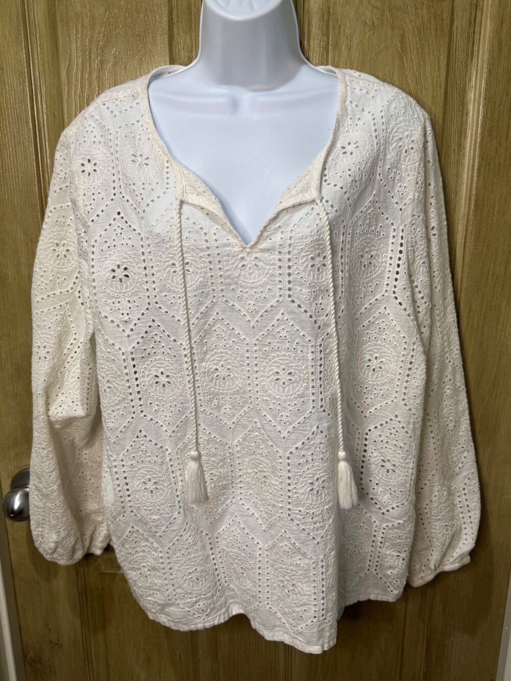 Garnet Hill 100% Cotton Eyelet Lace Boho Peasant Top XL White Tassels Sheer